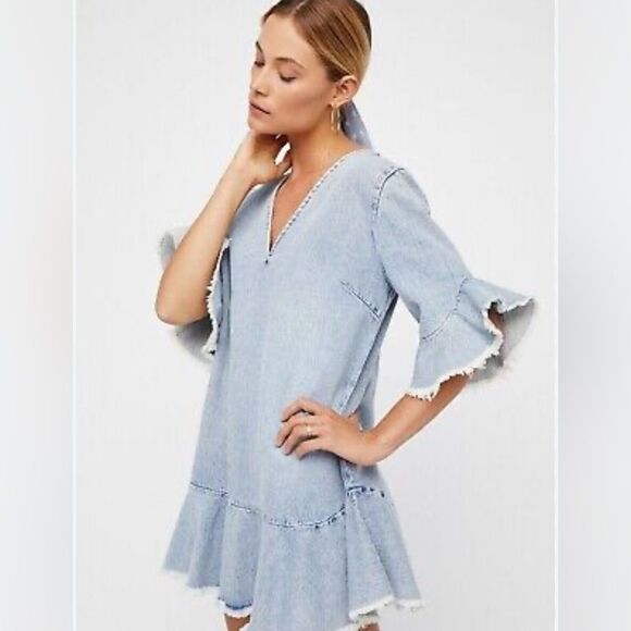 Free People Denim Ruffle Dress - Picture 1 of 10